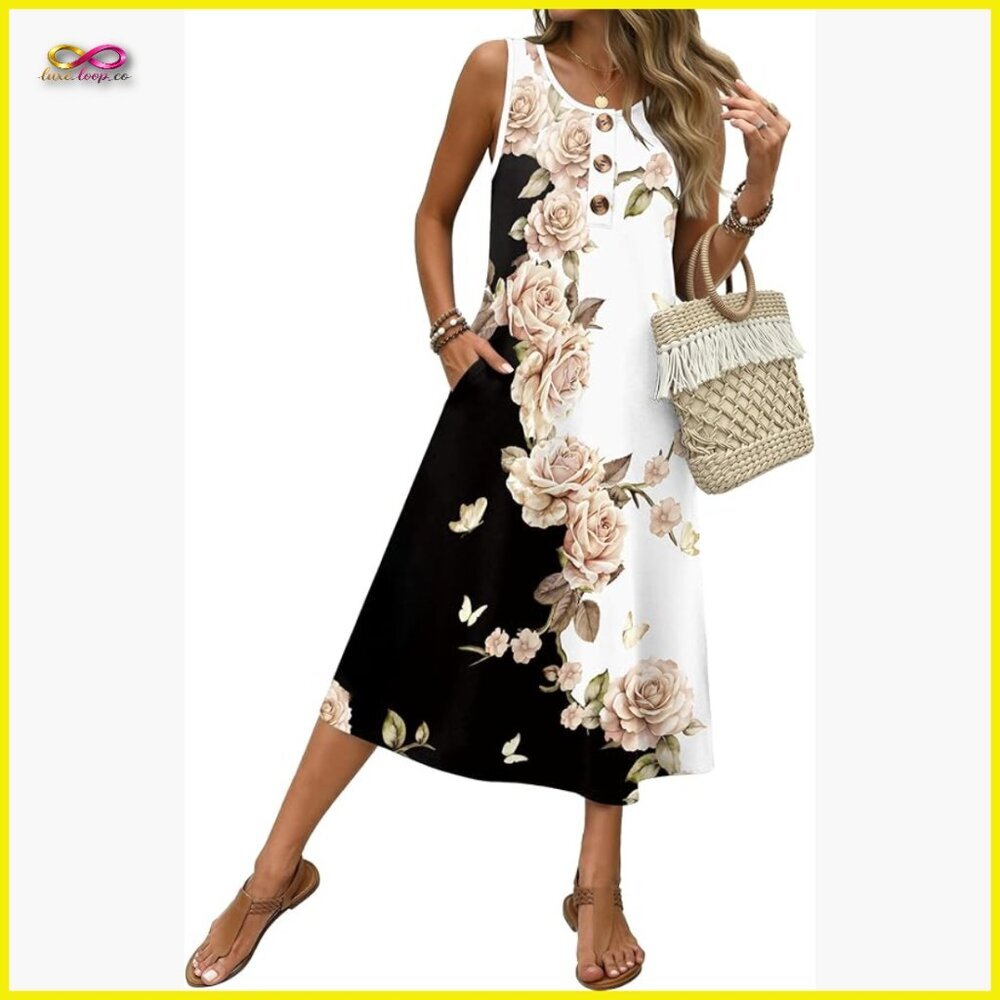 Sleeveless Midi Dress A-Line Loose Fit Button Down Boho Beach Casual